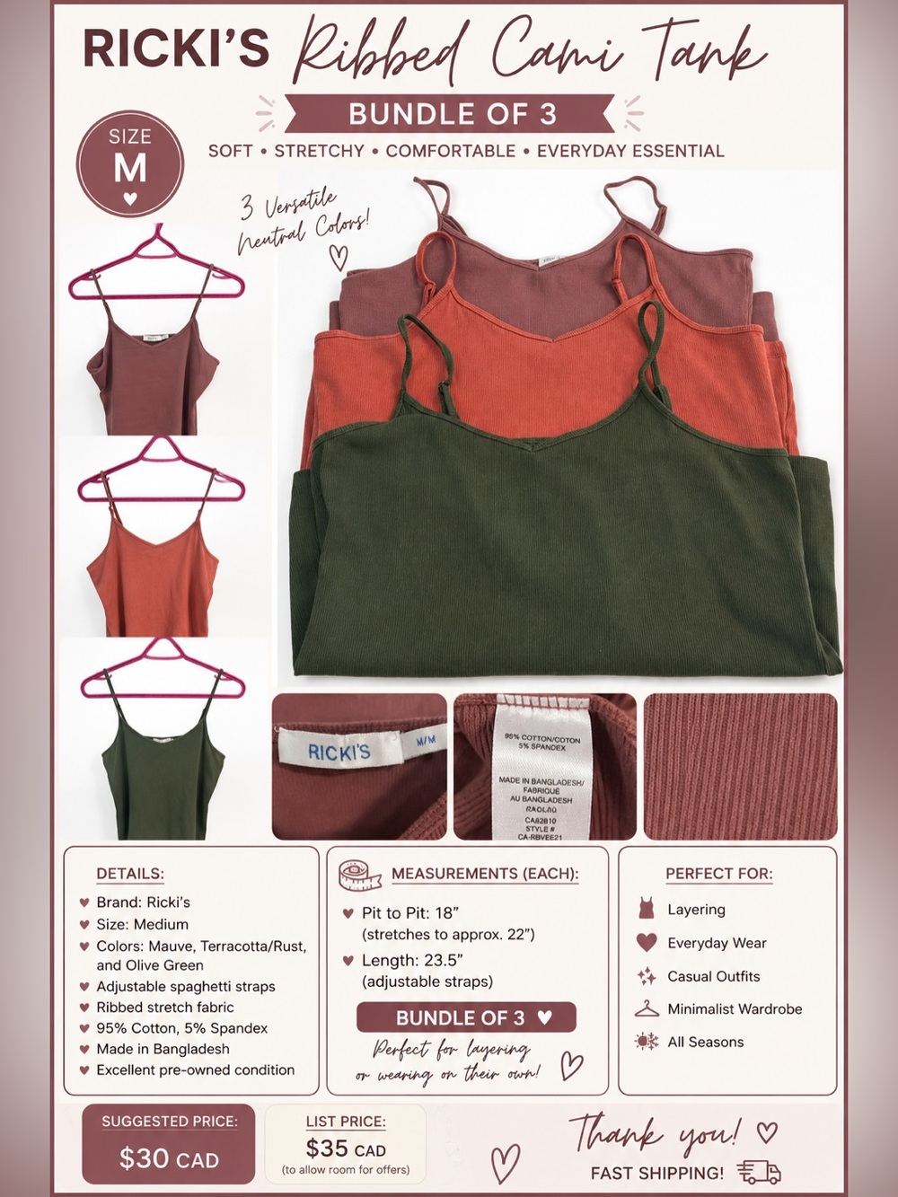 Ricki's Bundle of 3 Ribbed Spaghetti Strap Tops — Mauve, Terracotta, Olive Green